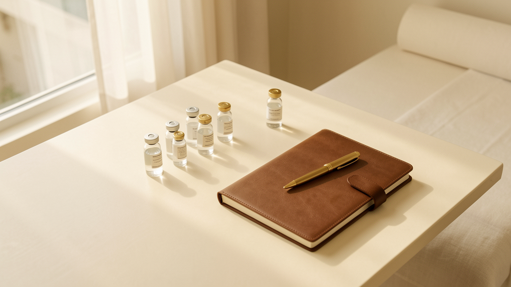 Coleman & Co. consultation setup — clinical desk with vials, leather notebook, and soft natural light